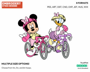 Minnie, Daisy Riding Bicycles - Disney's Minnie Mouse & Daisy Duck - Embroidery Design in 3 sizes & 8 formats