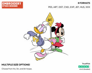 Minnie, Daisy At School Bus Stop - Disney's Minnie Mouse & Daisy Duck - Embroidery Design in 3 sizes & 8 formats