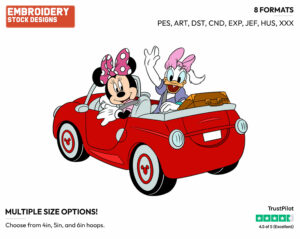 Minnie, Daisy In The Car - Disney's Minnie Mouse & Daisy Duck - Embroidery Design in 3 sizes & 8 formats