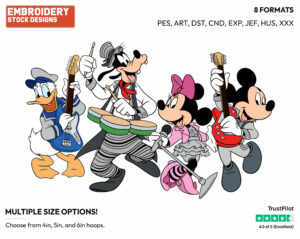 Mickey And Minnie Mouse, Donald Duck And Goofy Playing In A Band - Disney's Mickey Mouse & Friends - Embroidery Design in 3 sizes & 8 formats