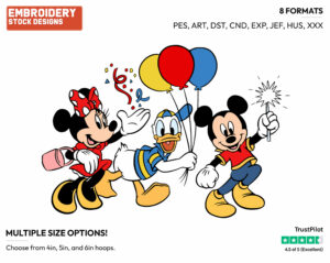 Mickey, Minnie And Donald Celebrating - Disney's Mickey Mouse & Friends - Embroidery Design in 3 sizes & 8 formats