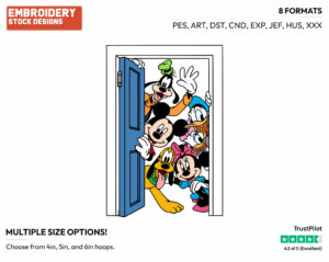 Mickey, Minnie, Donald, Daisy, Goofy And Pluto Greeting You In A Door Frame - Disney's Mickey Mouse & Friends - Embroidery Design in 3 sizes & 8 formats
