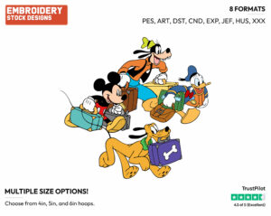 Mickey, Goofy, Donald, Pluto Carrying Luggage For Vacation - Disney's Mickey Mouse & Friends - Embroidery Design in 3 sizes & 8 formats