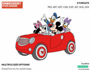 Mickey Driving, Minnie, Donald, Daisy In The Car - Disney's Mickey Mouse & Friends - Embroidery Design in 3 sizes & 8 formats