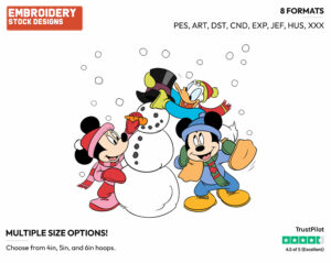Mickey Mouse, Minnie Mouse, Donald Duck Building Snowman - Disney's Mickey Mouse & Friends - Embroidery Design in 3 sizes & 8 formats