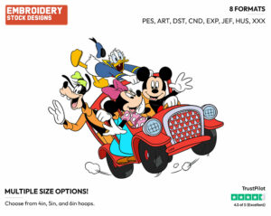 Mickey, Minnie, Donald, Goofy In Car - Disney's Mickey Mouse & Friends - Embroidery Design in 3 sizes & 8 formats