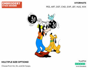 Pluto Watching Goofy Lift Weights - Disney's Mickey Mouse & Friends - Embroidery Design in 3 sizes & 8 formats