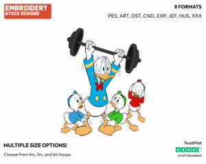 Donald Duck Lifting Weights, Huey, Dewey, Louie - Disney's Mickey Mouse & Friends - Embroidery Design in 3 sizes & 8 formats