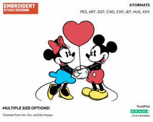 Classic Mickey, Minnie With A Heart Balloon - Disney's Classic Friends & Couples - Embroidery Design in 3 sizes & 8 formats