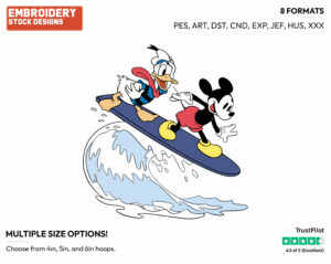 Classic Mickey, Donald Surfing - Disney's Classic Friends & Couples - Embroidery Design in 3 sizes & 8 formats
