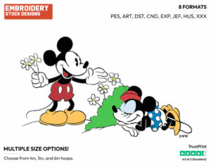 Mickey Picking Flowers; Minnie Napping - Disney's Classic Friends & Couples - Embroidery Design in 3 sizes & 8 formats