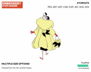 Cruella Smiling - Disney's 101 Dalmatians - Embroidery Design in 3 sizes & 8 formats