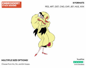 Cruella Enjoying Her Fur Coat - Disney's 101 Dalmatians - Embroidery Design in 3 sizes & 8 formats