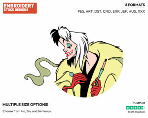 Cruella Devil - Disney's 101 Dalmatians - Embroidery Design in 3 sizes & 8 formats