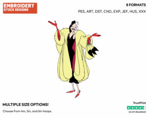 Cruella Devil - Disney's 101 Dalmatians - Embroidery Design in 3 sizes & 8 formats