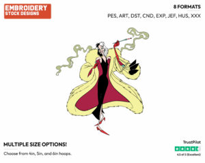 Cruella Devil - Disney's 101 Dalmatians - Embroidery Design in 3 sizes & 8 formats