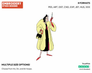 Cruella - Disney's 101 Dalmatians - Embroidery Design in 3 sizes & 8 formats