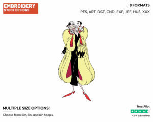 Cruella Holding Puppies - Disney's 101 Dalmatians - Embroidery Design in 3 sizes & 8 formats