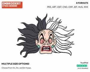Cruella's Enraged Face - Disney's 101 Dalmatians - Embroidery Design in 3 sizes & 8 formats