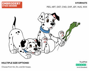 Dalmatian Puppies Watching A Leaping Frog - Disney's 101 Dalmatians - Embroidery Design in 3 sizes & 8 formats
