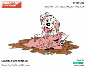 Puppy Playing With Pig In Mud - Disney's 101 Dalmatians - Embroidery Design in 3 sizes & 8 formats