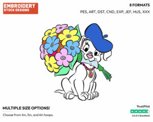 Oddball Holding Bouquet Of Flowers - Disney's 101 Dalmatians - Embroidery Design in 3 sizes & 8 formats