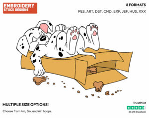 Rolly Napping On Box Of Treats - Disney's 101 Dalmatians - Embroidery Design in 3 sizes & 8 formats