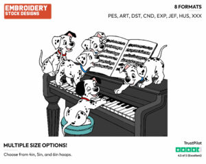 Puppies Playing Piano - Disney's 101 Dalmatians - Embroidery Design in 3 sizes & 8 formats