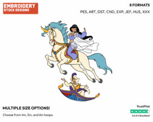 Aladdin On Magic Flying Carpet, Jasmine Riding Unicorn - Disney's Aladdin - Embroidery Design in 3 sizes & 8 formats