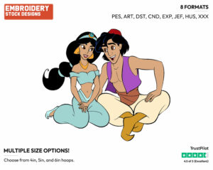 Aladdin, Jasmine Sitting Together - Disney's Aladdin - Embroidery Design in 3 sizes & 8 formats