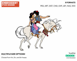 Aladdin, Jasmine Riding Horse - Disney's Aladdin - Embroidery Design in 3 sizes & 8 formats