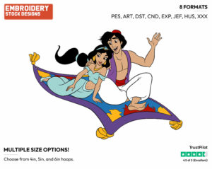 Aladdin, Jasmine On Flying Carpet - Disney's Aladdin - Embroidery Design in 3 sizes & 8 formats