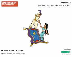 Prince Ali, Jasmine On Magic Carpet - Disney's Aladdin - Embroidery Design in 3 sizes & 8 formats