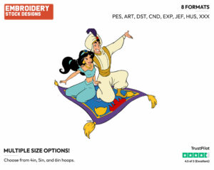 Prince Ali, Jasmine On Flying Carpet - Disney's Aladdin - Embroidery Design in 3 sizes & 8 formats