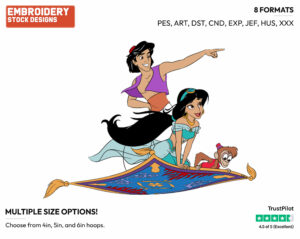 Aladdin, Jasmine, Abu On Flying Carpet - Disney's Aladdin - Embroidery Design in 3 sizes & 8 formats