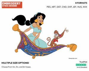Jasmine And Abu On The Magic Carpet - Disney's Aladdin - Embroidery Design in 3 sizes & 8 formats