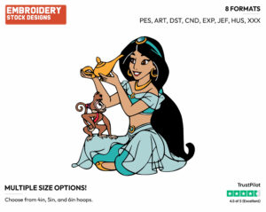 Jasmine And Abu Admiring The Magic Lamp - Disney's Aladdin - Embroidery Design in 3 sizes & 8 formats