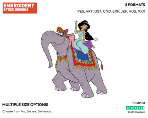 Jasmine Riding Elephant Abu - Disney's Aladdin - Embroidery Design in 3 sizes & 8 formats