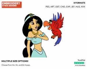 Jasmine, Iago - Disney's Aladdin - Embroidery Design in 3 sizes & 8 formats