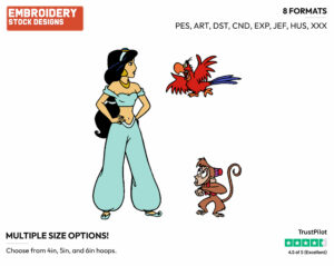 Jasmine, Iago, Abu - Disney's Aladdin - Embroidery Design in 3 sizes & 8 formats