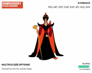 Jafar Posing With His Sceptre, Iago On His Shoulder - Disney's Aladdin - Embroidery Design in 3 sizes & 8 formats