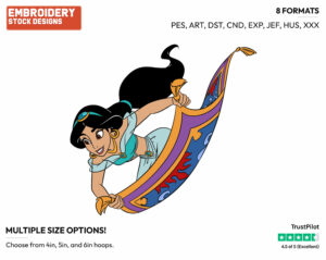 Jasmine On Carpet - Disney's Aladdin - Embroidery Design in 3 sizes & 8 formats
