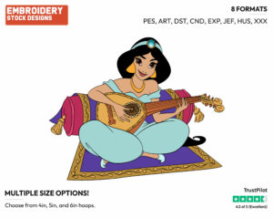 Jasmine Playing The Lute Or Guitar - Disney's Aladdin - Embroidery Design in 3 sizes & 8 formats
