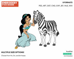 Jasmine Petting A Zebra - Disney's Aladdin - Embroidery Design in 3 sizes & 8 formats