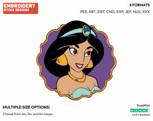 Jasmine's Face - Disney's Aladdin - Embroidery Design in 3 sizes & 8 formats