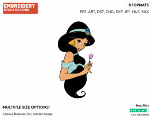 Pretty Jasmine Holding A Flower - Disney's Aladdin - Embroidery Design in 3 sizes & 8 formats