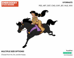 Jasmine Riding Horse - Disney's Aladdin - Embroidery Design in 3 sizes & 8 formats