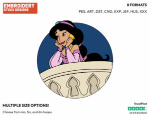 Jasmine On Balcony - Disney's Aladdin - Embroidery Design in 3 sizes & 8 formats
