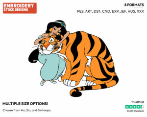 Jasmine Cuddling Rajah - Disney's Aladdin - Embroidery Design in 3 sizes & 8 formats