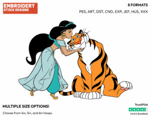 Jasmine Kissing Rajah - Disney's Aladdin - Embroidery Design in 3 sizes & 8 formats